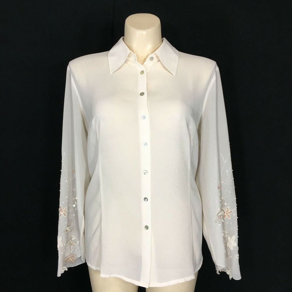 Together Blouse 20W Ivory Bead Sequin Button Down Shirt Long Sl Sheer